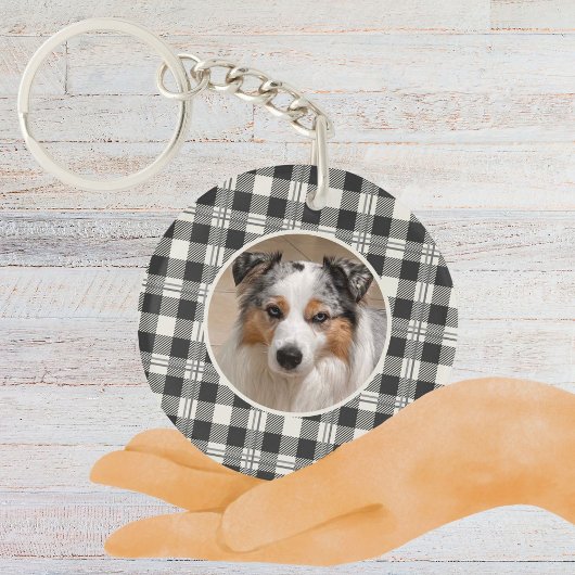 Sentimental Pet Photo Dark Grey Plaid Art Sleutelhanger