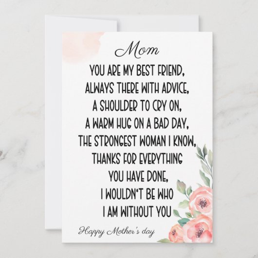 Sentimentale woorden voor mama, Happy Moederdag Kaart (Voorkant)