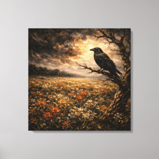 Sentinel of the Meadow: Stormy Raven & Wildflowers Canvas Afdruk