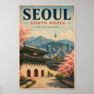Seoel Zuid-Korea Illustratie Reis Kunst Vintage Poster