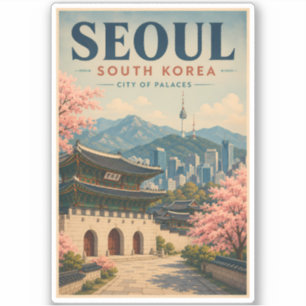 Seoel Zuid-Korea Illustratie Reis Kunst Vintage Sticker