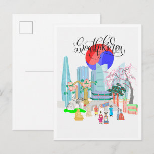 Seoel Zuid-Korea Kunst Vintage Reisillustratie Briefkaart
