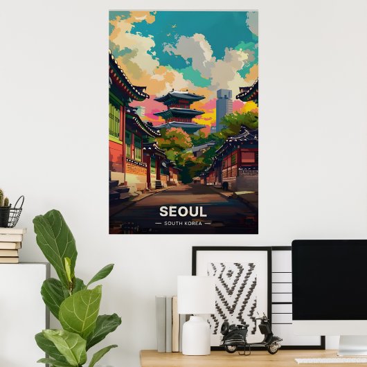 Seoel's oude charme onder een levendige hemel poster (Thuiskantoor)