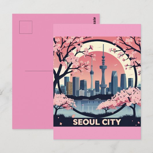 Seoul City Moderne Skyline Retro Art Zuid-Korea Briefkaart (Voorkant / Achterkant)
