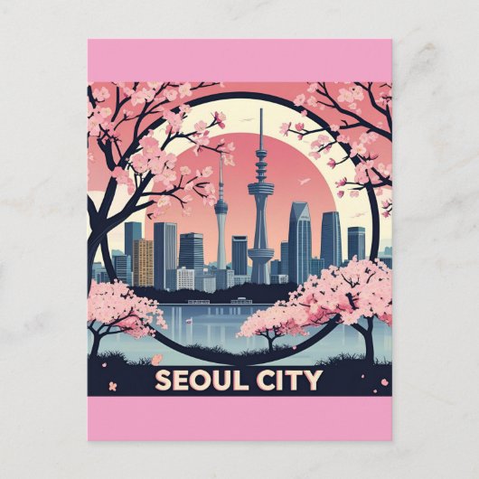 Seoul City Moderne Skyline Retro Art Zuid-Korea Briefkaart (Voorkant)