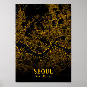 Seoul - kaart van de Zuid-Koreaanse Gold City Poster
