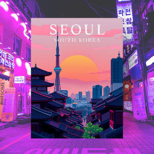 Seoul Korea Night Skyline Travel City Art Briefkaart