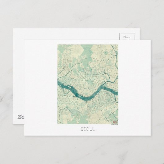 Seoul Map Blue  Waterverf Briefkaart (Voorkant / Achterkant)