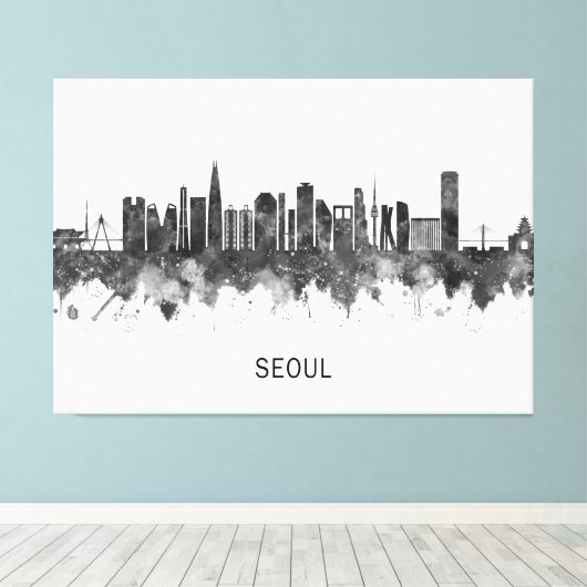 Seoul South Korea Skyline BW Canvas Afdruk (Insitu (Houten vloer))