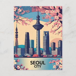 Seoul Stad  Moderne Silhouet Retro Kunst Zuid-Kore Briefkaart