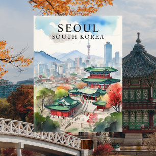Seoul, Zuid-Korea Aquarel Reis Kunst Ansichtkaart Briefkaart