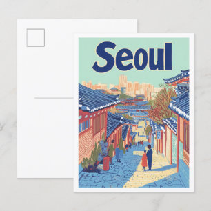 Seoul Zuid-Korea Art Vintage Travel Illustration Briefkaart