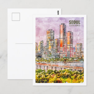 Seoul Zuid-Korea Beroemde Travel Waterverf Sketch Briefkaart
