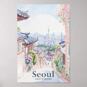 Seoul Zuid-Korea Gouache Illustratie Reizen Poster