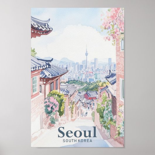 Seoul Zuid-Korea Gouache Illustratie Reizen Poster (Voorkant)