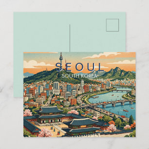 Seoul Zuid-Korea Reizen Kunst Vintage Feestdagenkaart
