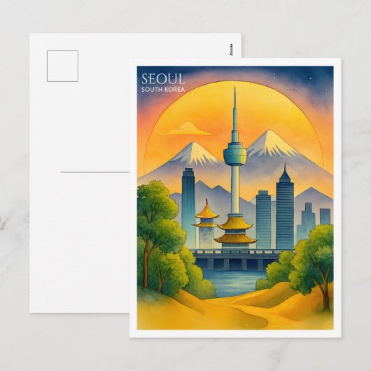 Seoul Zuid-Korea Waterverf Skyline Feestdagenkaart (Voorkant / Achterkant)