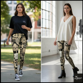 Sepia Abstract Geometrisch Volks Kunst Quilt Leggings