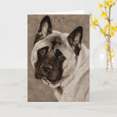 sepia afbeelding van de hond met droevige uitdrukk kaart (Gele Bloem)