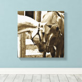 Sepia Afbeelding van twee paarden Up-Close Canvas Afdruk (Insitu (Houten vloer))
