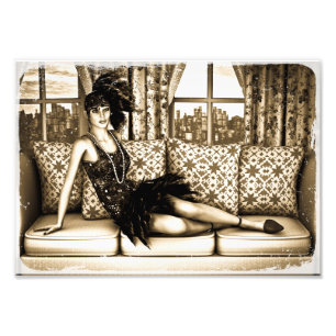 Sepia Art Deco Flapper Vrouw Illustratie Foto Afdruk