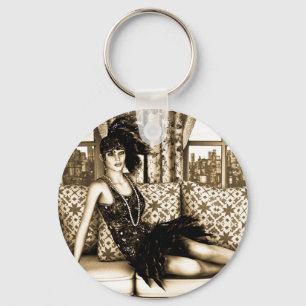 Sepia Art Deco Flapper Vrouw Illustratie Sleutelhanger