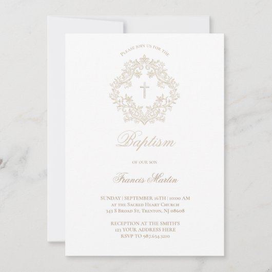 Sepia beige elegante kam | doop kaart (Voorkant)