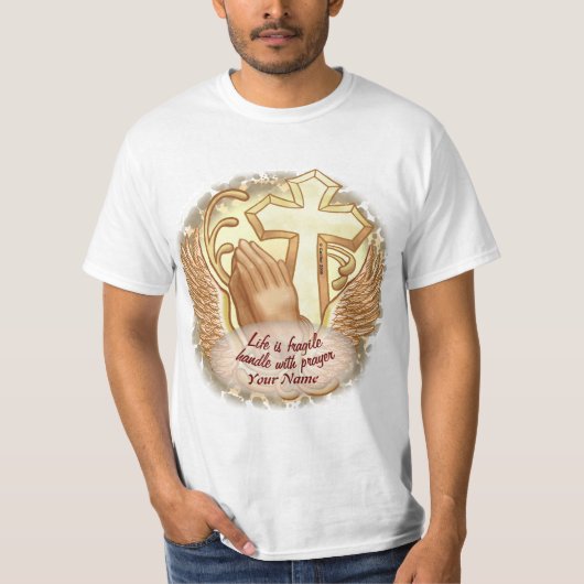 Sepia Biddende Handen Christelijk T-shirt (Voorkant)