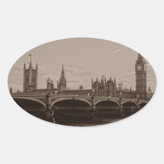 Sepia Big Ben Tower Palace van Westminster Ovale Sticker (Voorkant)