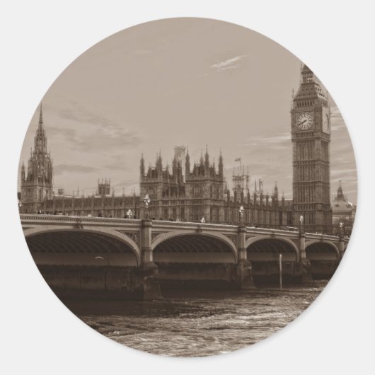 Sepia Big Ben Tower Palace van Westminster Ronde Sticker (Voorkant)