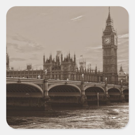 Sepia Big Ben Tower Palace van Westminster Vierkante Sticker (Voorkant)