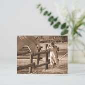 Sepia Black and White Horse and Child Briefkaart (Staand voorkant)