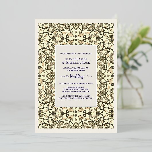 Sepia Bloem Arabesk Trouw Uitnodiging - Folie (Staand Voorkant)
