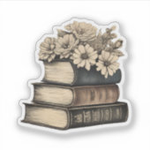 Sepia  Boeken en Bloemen Waterdicht Sticker (Voorkant)
