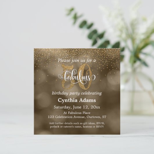 Sepia Bokeh, Gold Glitter & Script 50 & Fabulous Kaart (Staand voorkant)