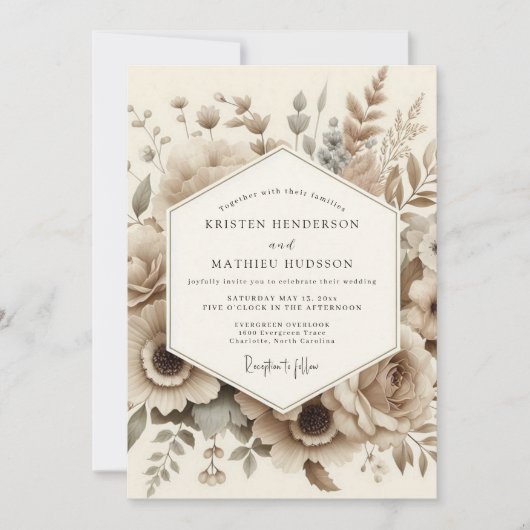 Sepia Botanical Romantic Wedding Kaart (Voorkant)
