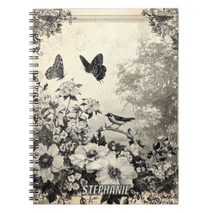 Sepia botanische vogels vlinders vintage notitieboek