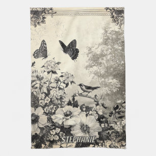 Sepia botanische vogels vlinders vintage theedoek