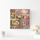 Sepia Brown Gold Wall-klok, postzegelkunst Vierkante Klok (Huis)