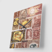 Sepia Brown Gold Wall-klok, postzegelkunst Vierkante Klok (Hoek)