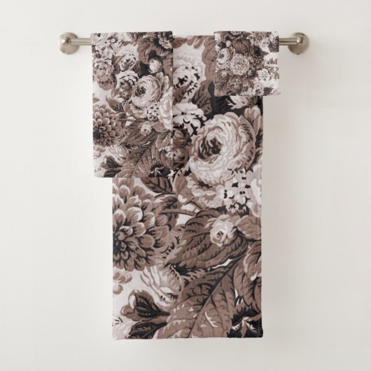 Sepia Brown  Peony Dahlias Floral Toile Bad Handdoek (Insitu)