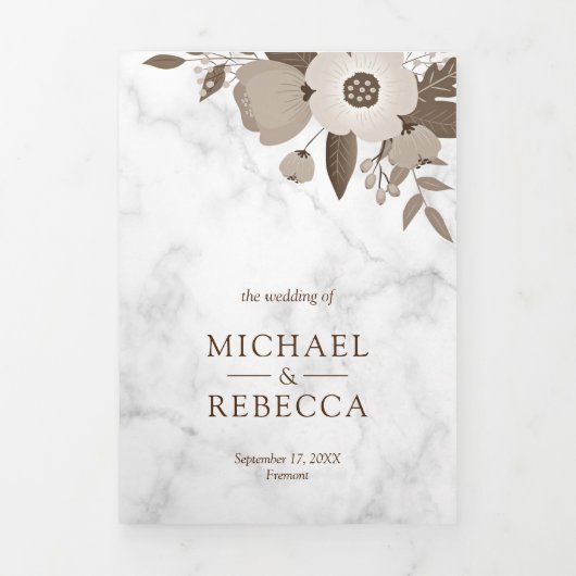 Sepia Bruin Bloemen Wit Marmer Foto Huwelijk Drieluik Uitnodiging (Cover)