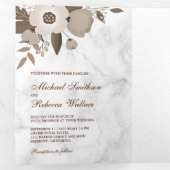 Sepia Bruin Bloemen Wit Marmer Foto Huwelijk Drieluik Uitnodiging (Binnenzijde eerst)