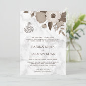 Sepia Bruin Bloemen Wit Marmer Islamitische bruilo Kaart (Staand voorkant)