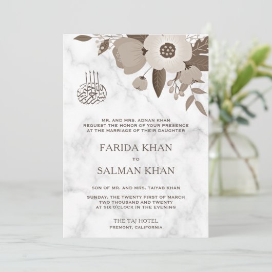 Sepia Bruin Bloemen Wit Marmer Islamitische bruilo Kaart (Staand voorkant)