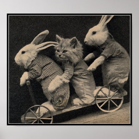  Sepia Bunnies & Kitten Easter Art afdrukken Poster (Voorkant)