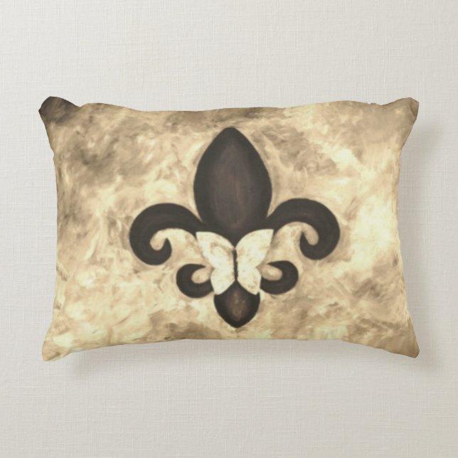Sepia Butterfleur | Tan Butterfly op Fleur de Lis Decoratief Kussen (Voorkant)