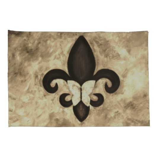 Sepia Butterfleur | Tan Butterfly op Fleur de Lis Kussensloop (Achterkant-Rechts)