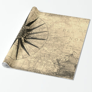 Sepia Compass zeilschip Discovery Age Wereldkaart Cadeaupapier