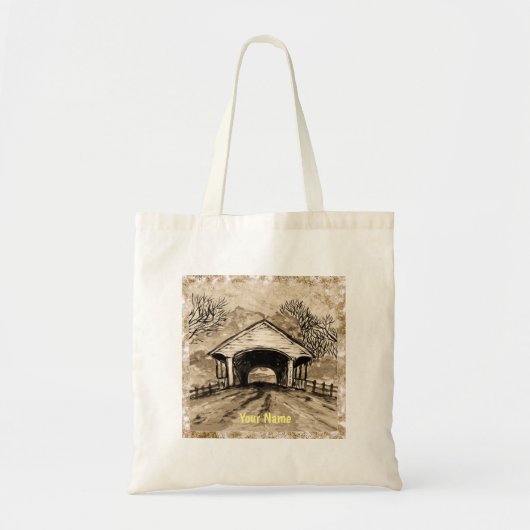 Sepia Covered Bridge, aangepaste naam canvas tas (Voorkant)